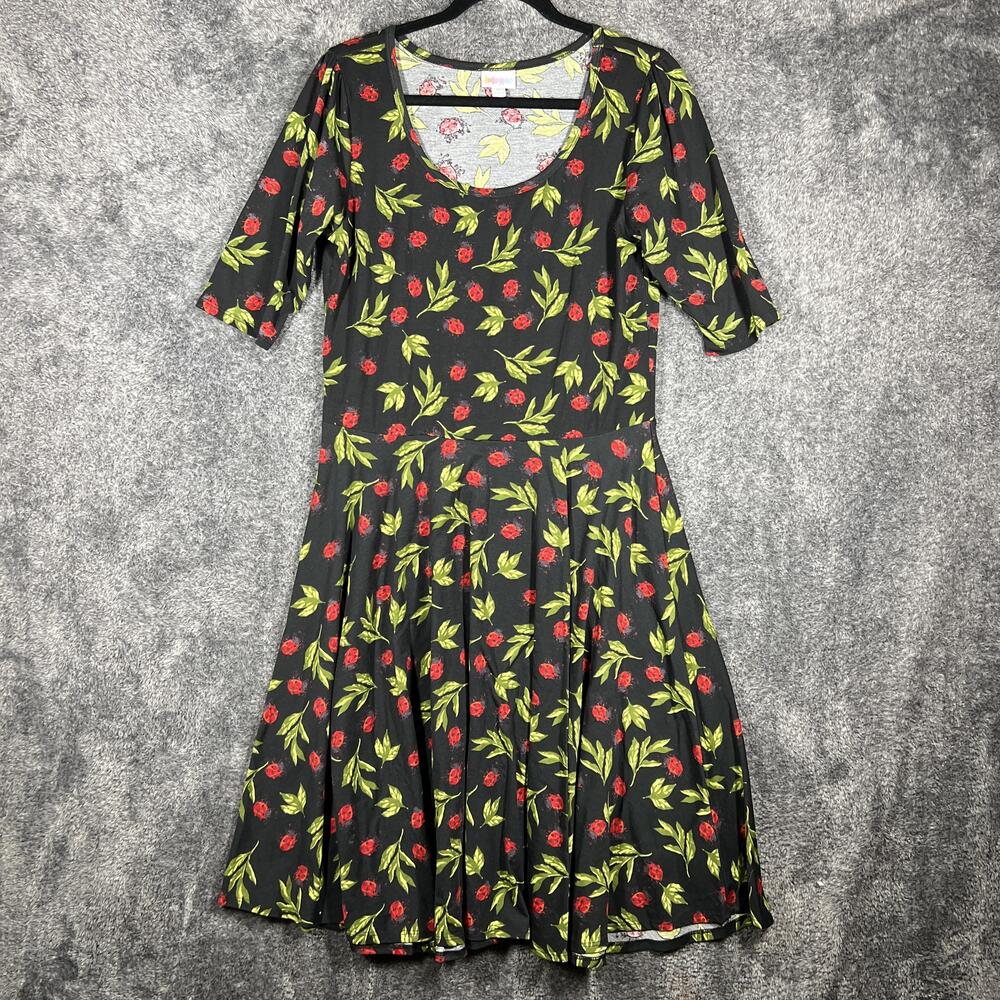 LuLaRoe Dress Womens XL Black Fit & Flare Scoop Neck 3/4 Sleeve Floral Ladybug